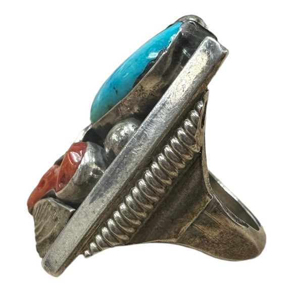 Vintage Navajo Sterling Silver Ring with Turquoise & Coral Size 9 - Picture 3 of 5